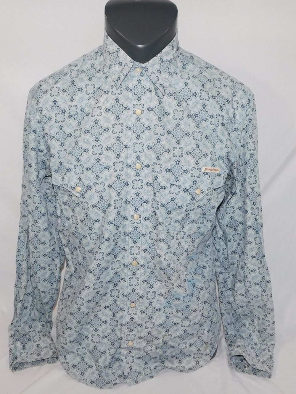 Lucky Brand Blue Geometric Pattern Western Pearl Snap Long Sleeve Shirt Men M